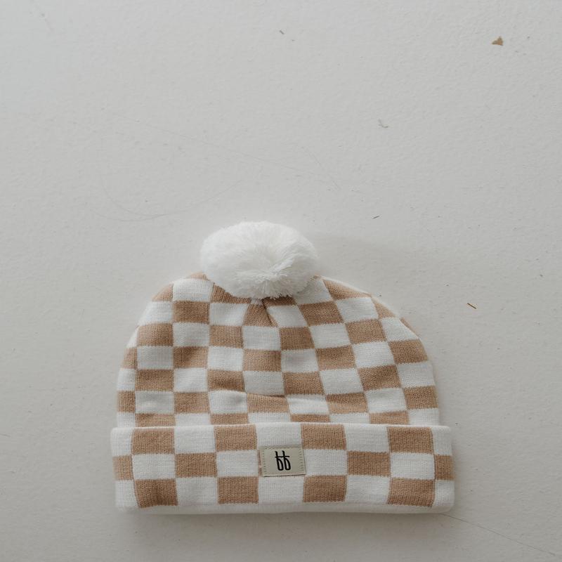 Adult ff Knit Pom Top Beanie | Tan Checkerboard