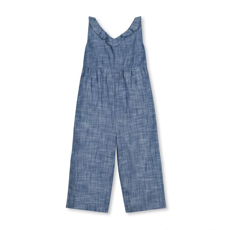 Baby Ruffle Neck Organic Jumpsuit - Chambray
