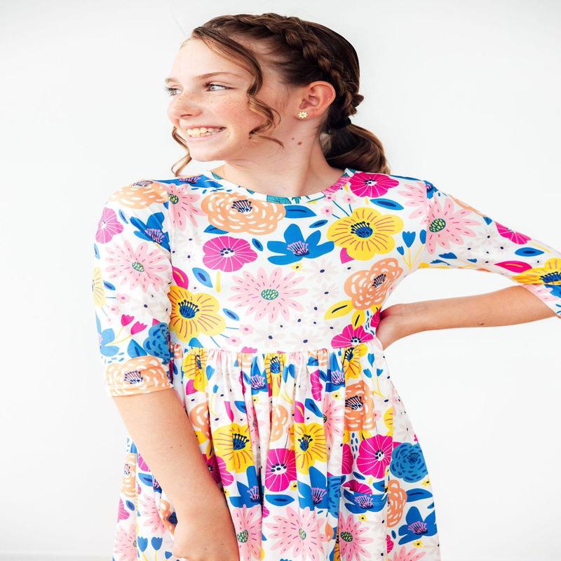 Sunshine Floral 3/4 Sleeve Pocket Twirl Dress