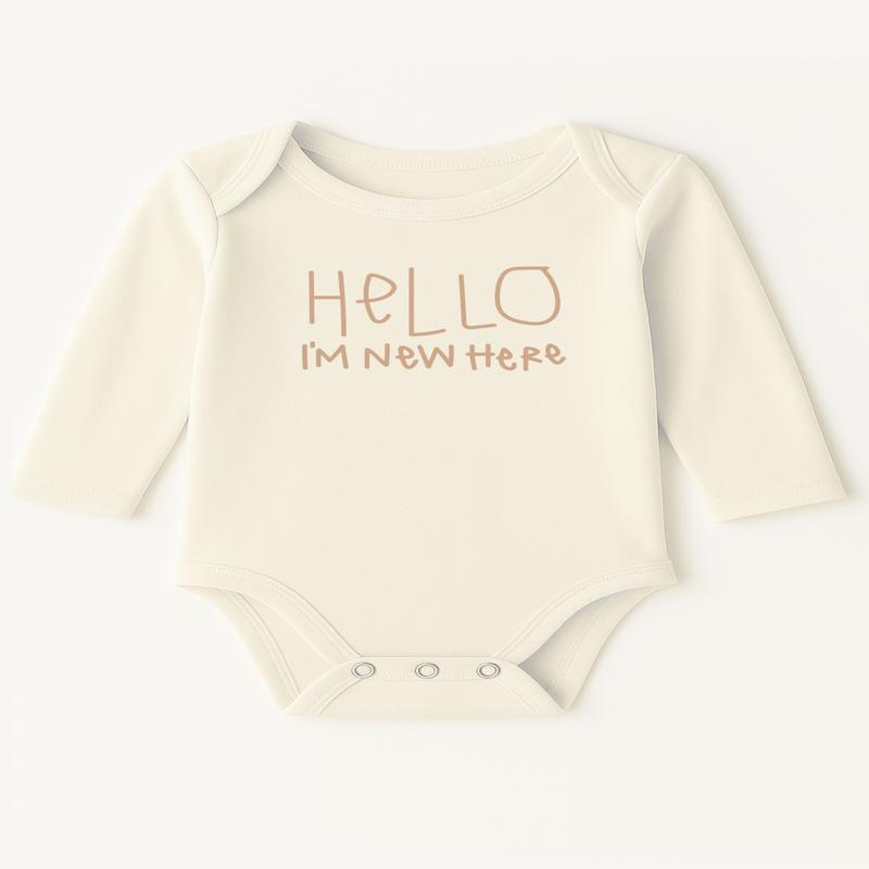 Hello I\'m New Here Clay Organic Cotton Baby Bodysuit Long Sleeve