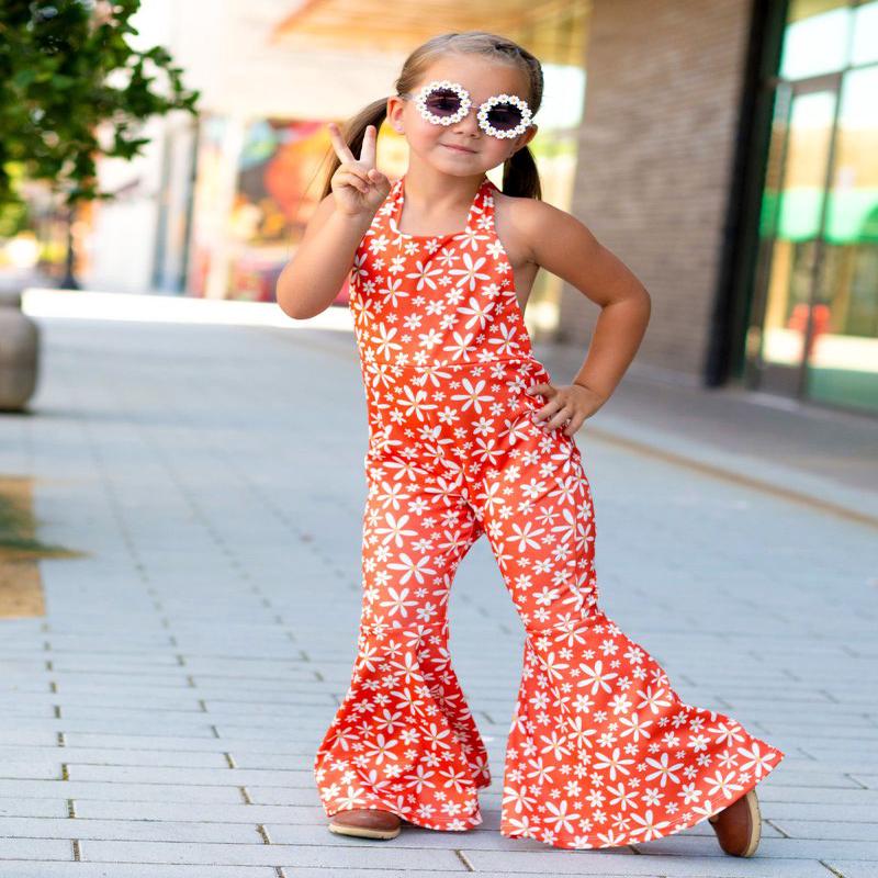 Andi Pleated Bell Bottom Jumpsuit - Orange Daisies