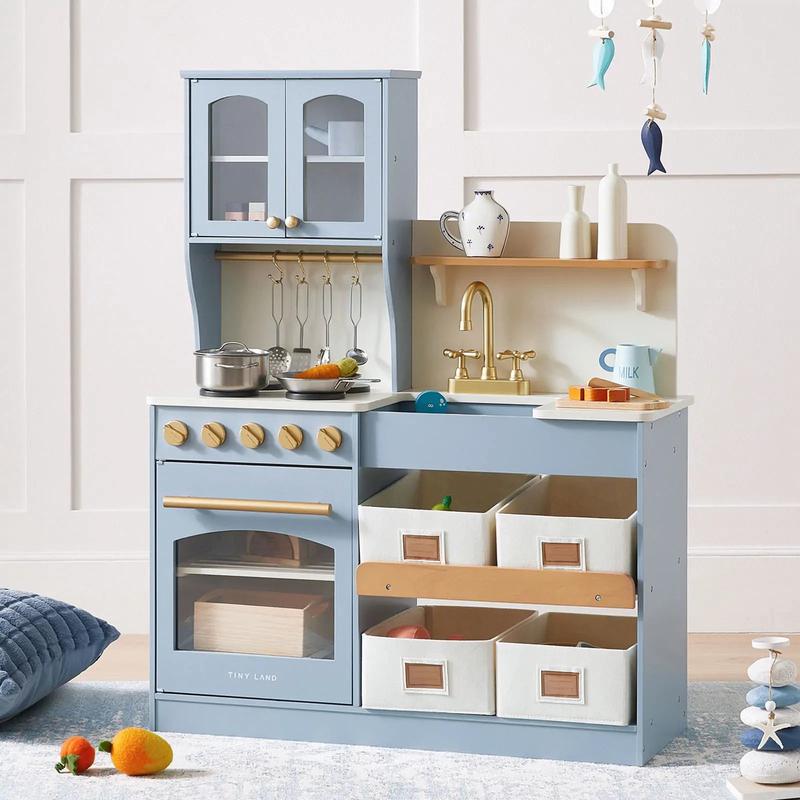 Tiny Land Pretend Play Kitchen for Kids - Serenity Wooden Kitchen  Blue
